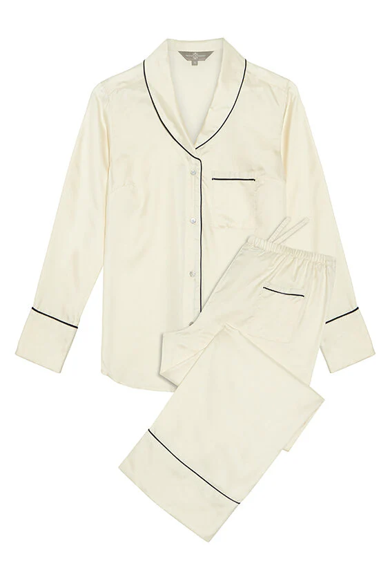 Mulberry Silk Pyjamas - Natural Ivory with Navy Detail - Image 2