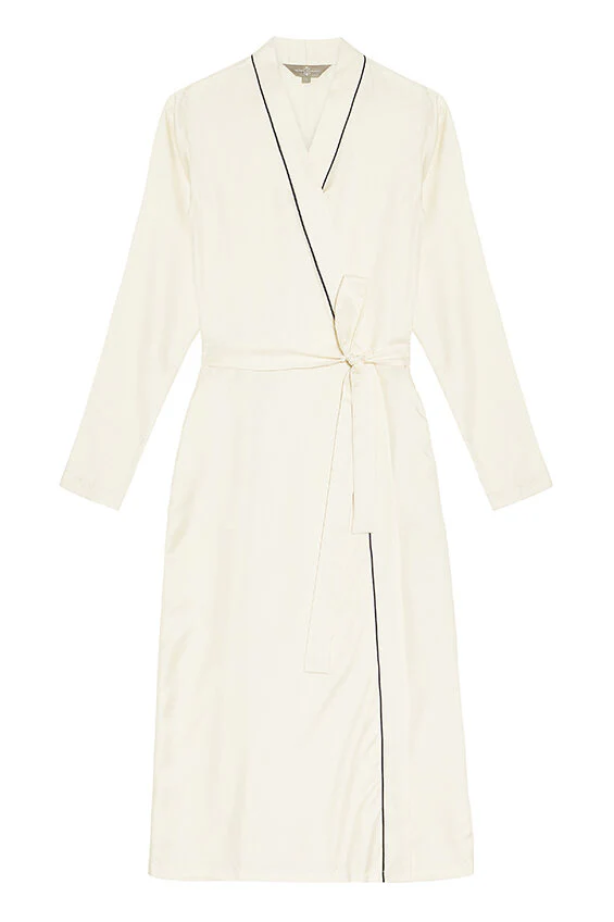 Mulberry Silk Robe - Natural Ivory with Navy Piping - Image 2