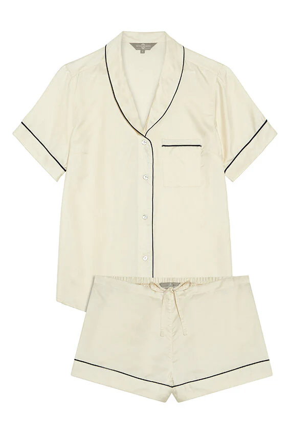 Mulberry Silk Shorties Pyjamas - Natural Ivory with Navy Piping - Image 2