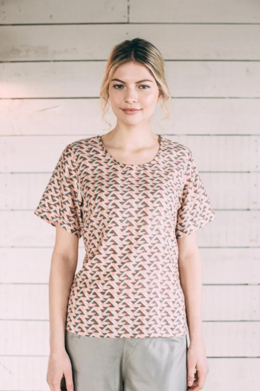 Mulberry Silk Sleeved Top - Coral/Grey - Image 2