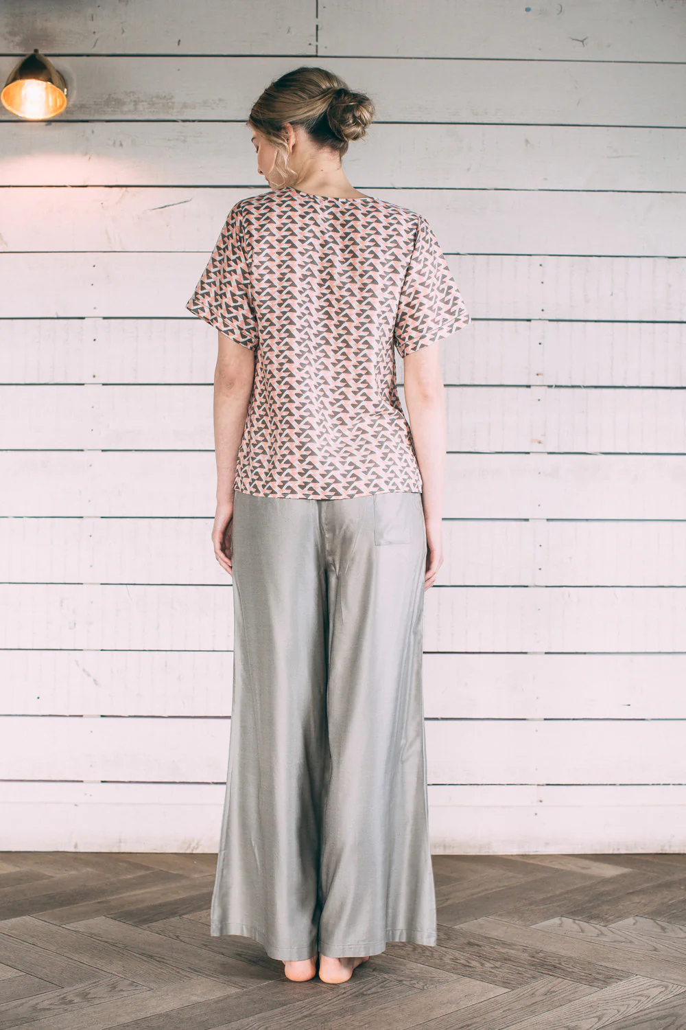 Mulberry Silk Sleeved Top - Coral/Grey - Image 3