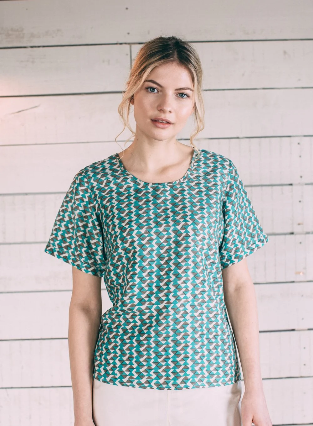 Mulberry Silk Sleeved Top - Teal/Grey - Image 5